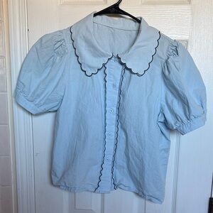 Light Blue Puff Sleeve Blouse with Scalloped Collar